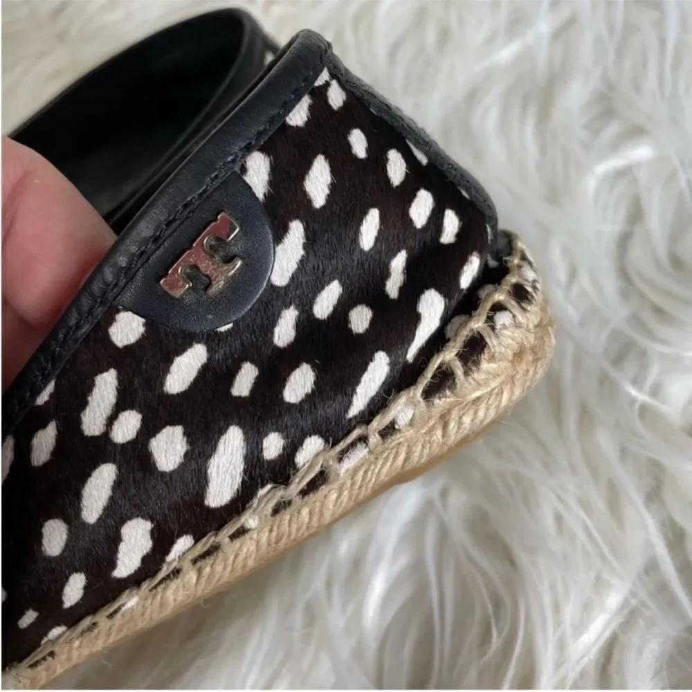 Tory Burch Black‎ and White Mckenzie Dotted Pony Espadrille Slip On Flats 7.5